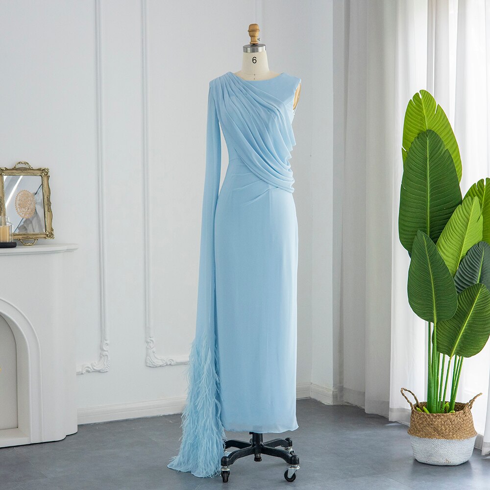 Light Blue Evening Dresses with Feathers Cape Luxury Formal Party Dress for Women Wedding Sky Blue / 10 Light Blue Evening Dresses with Feathers Cape Luxury Formal Party Dress for Women Wedding Sky Blue / 10