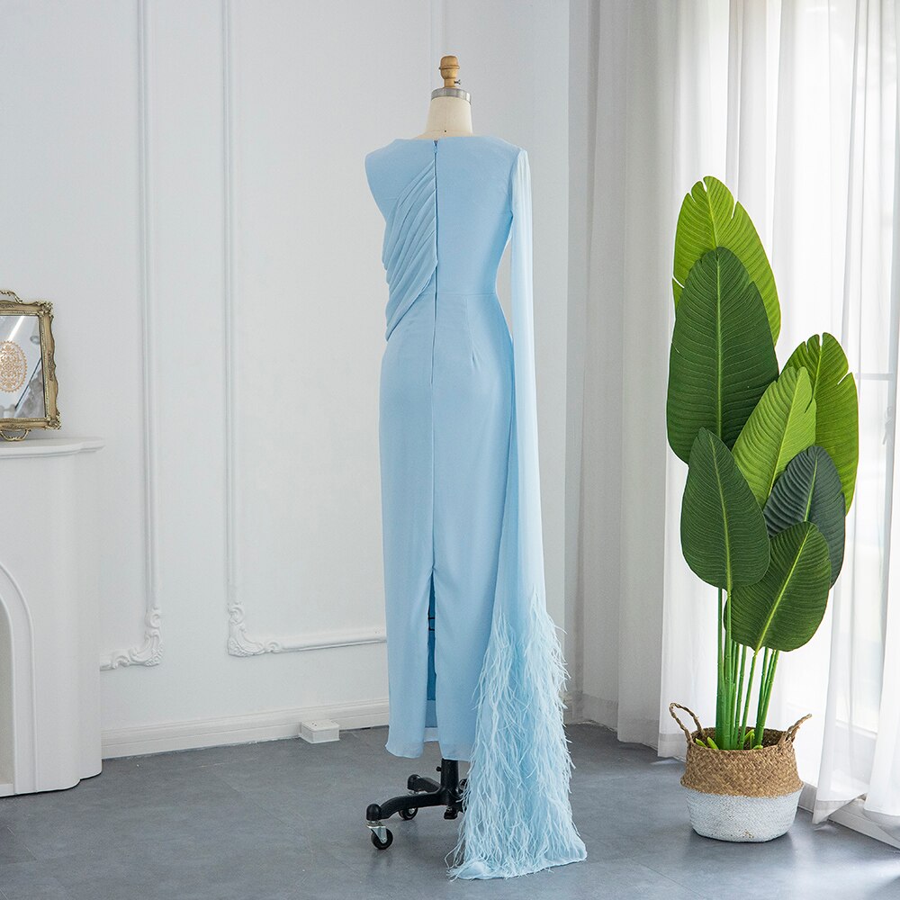 Light Blue Evening Dresses with Feathers Cape Luxury Formal Party Dress for Women Wedding Sky Blue / 10 Light Blue Evening Dresses with Feathers Cape Luxury Formal Party Dress for Women Wedding Sky Blue / 10