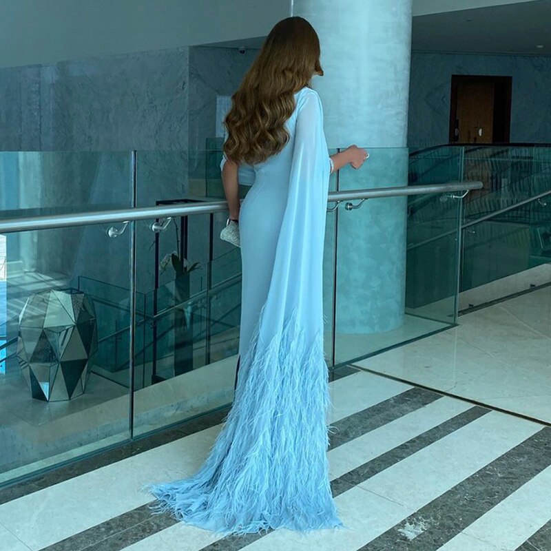Light Blue Evening Dresses with Feathers Cape Luxury Formal Party Dress for Women Wedding Sky Blue / 10 Light Blue Evening Dresses with Feathers Cape Luxury Formal Party Dress for Women Wedding Sky Blue / 10