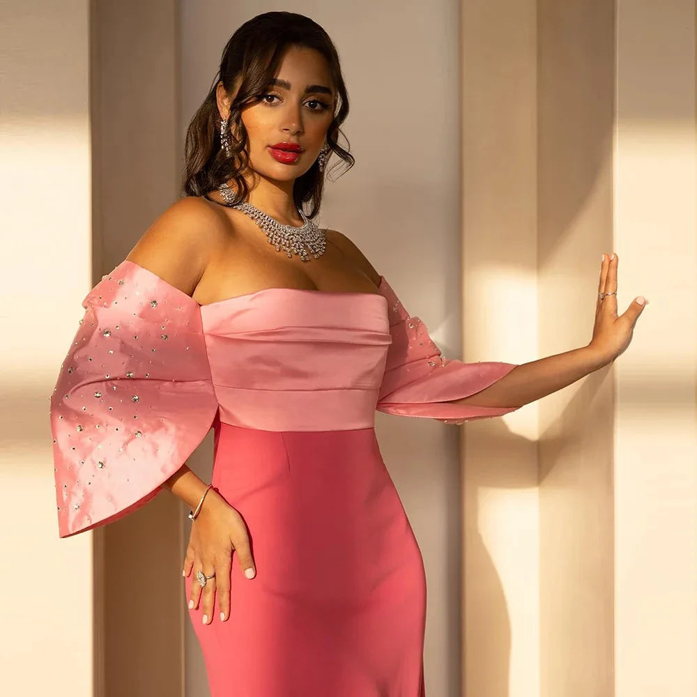 Elegant Off Shoulder Coral Pink Dubai Evening Dresses Saudi Arabia SF022, Coral Pink / 14 Elegant Off Shoulder Coral Pink Dubai Evening Dresses Saudi Arabia SF022, Coral Pink / 14