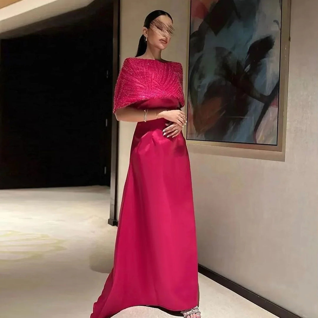 Elegant Off Shoulder Fuchsia Arabic Evening Dress with Cape SS482 Fuchsia / 2 Elegant Off Shoulder Fuchsia Arabic Evening Dress with Cape SS482 Fuchsia / 2