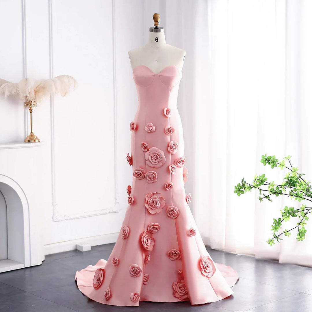 Elegant Pink 3D Flowers Strapless Evening Dress SF025 – DreamyVow