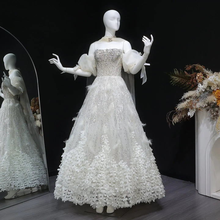 Elegant Beige Sequin Ball Gown with 3D Petal Skirt Evening Dress SS741