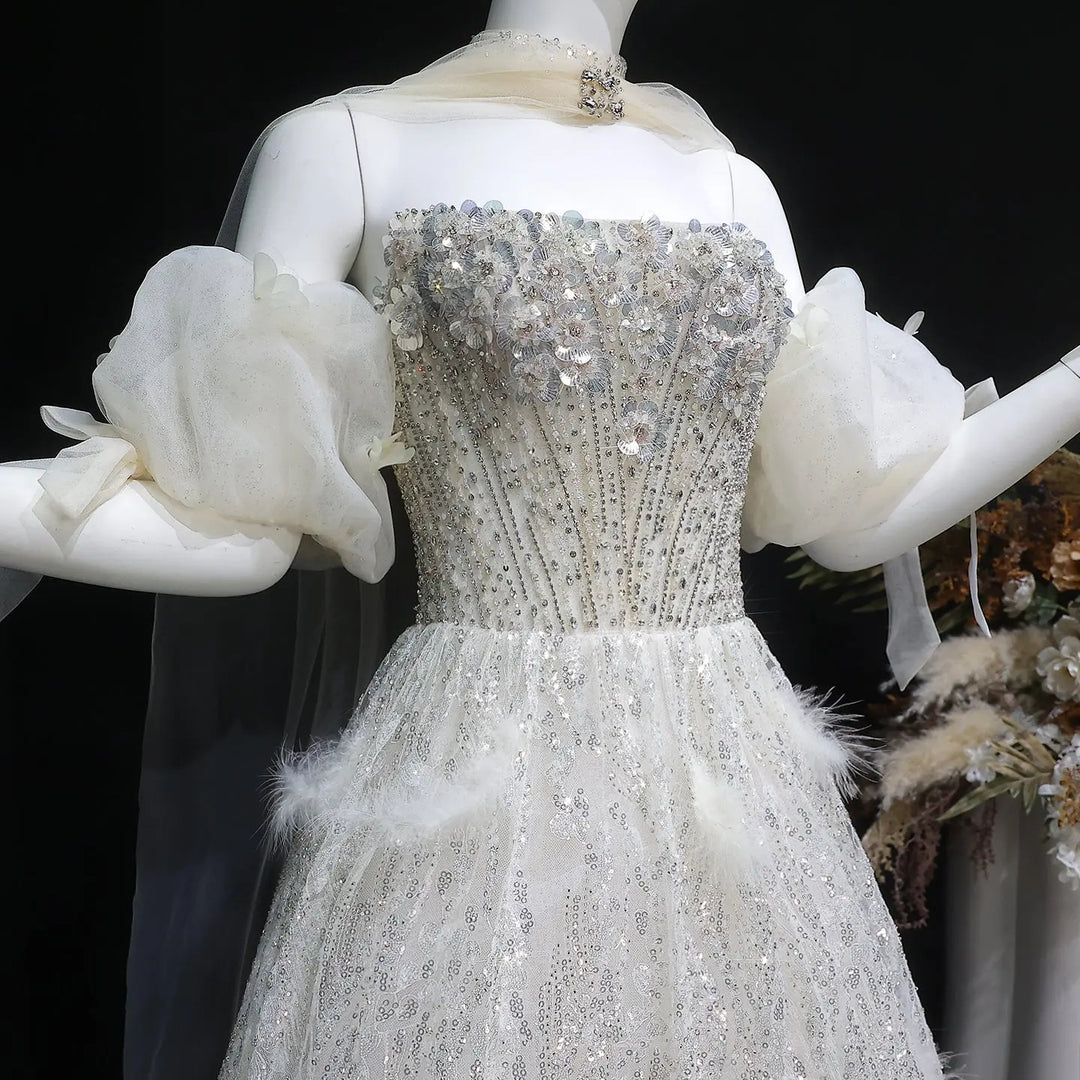 Elegant Beige Sequin Ball Gown with 3D Petal Skirt Evening Dress SS741