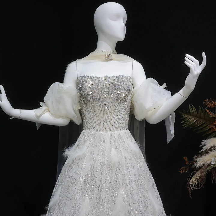 Elegant Beige Sequin Ball Gown with 3D Petal Skirt Evening Dress SS741