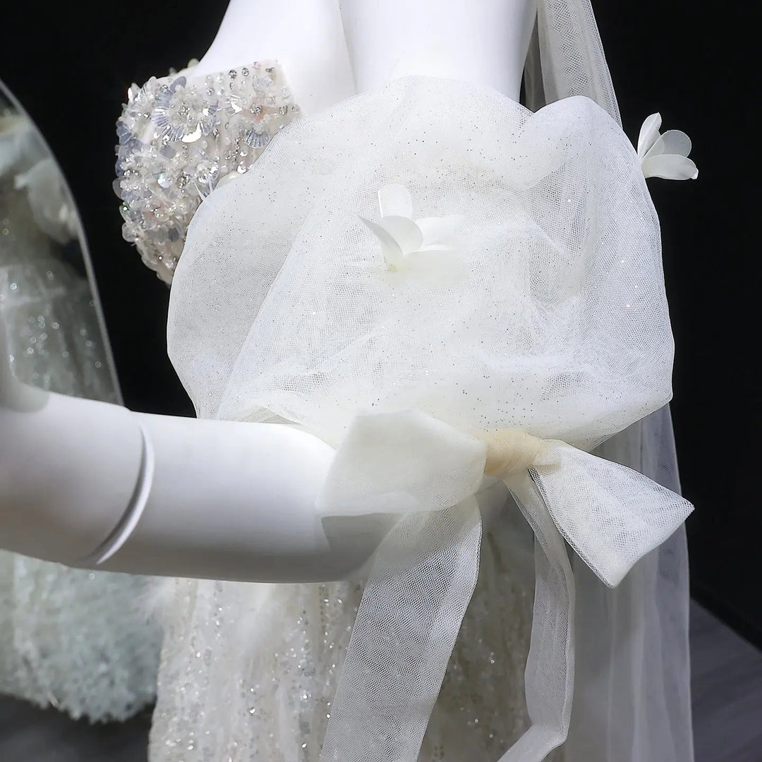 Elegant Beige Sequin Ball Gown with 3D Petal Skirt Evening Dress SS741