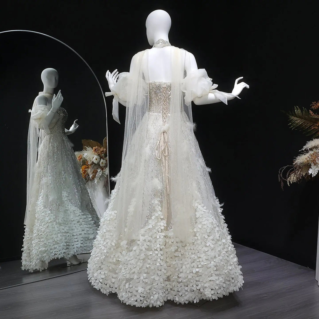 Elegant Beige Sequin Ball Gown with 3D Petal Skirt Evening Dress SS741