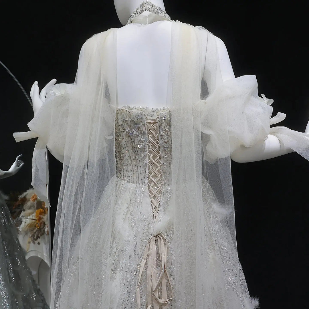 Elegant Beige Sequin Ball Gown with 3D Petal Skirt Evening Dress SS741