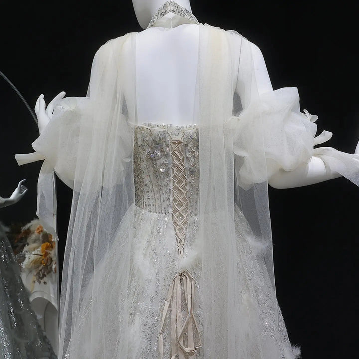 Elegant Beige Sequin Ball Gown with 3D Petal Skirt Evening Dress SS741