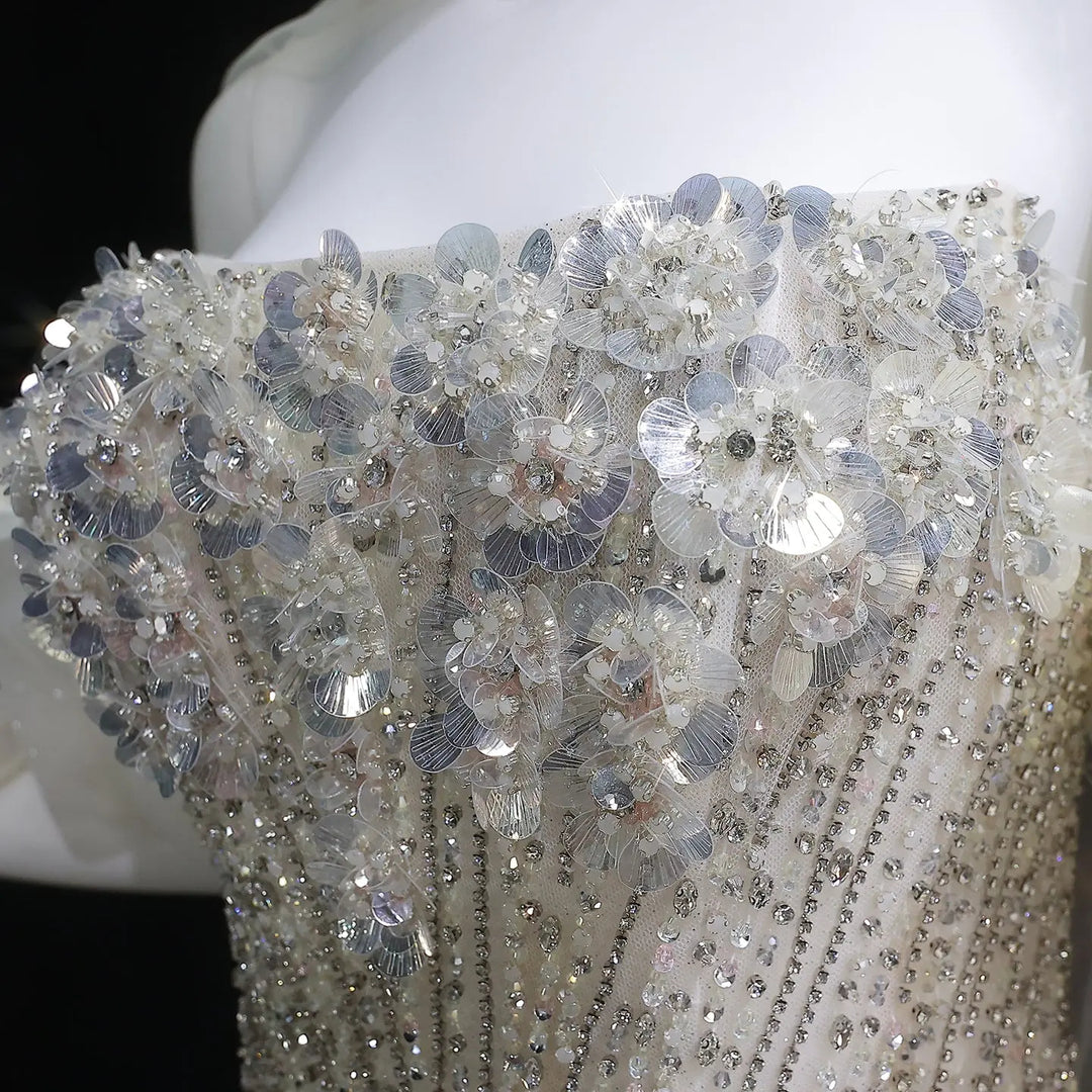 Elegant Beige Sequin Ball Gown with 3D Petal Skirt Evening Dress SS741