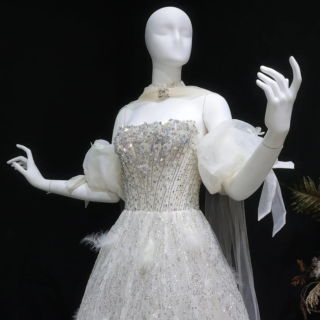 Elegant Beige Sequin Ball Gown with 3D Petal Skirt Evening Dress SS741