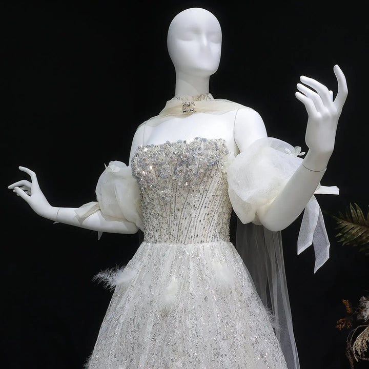 Elegant Beige Sequin Ball Gown with 3D Petal Skirt Evening Dress SS741