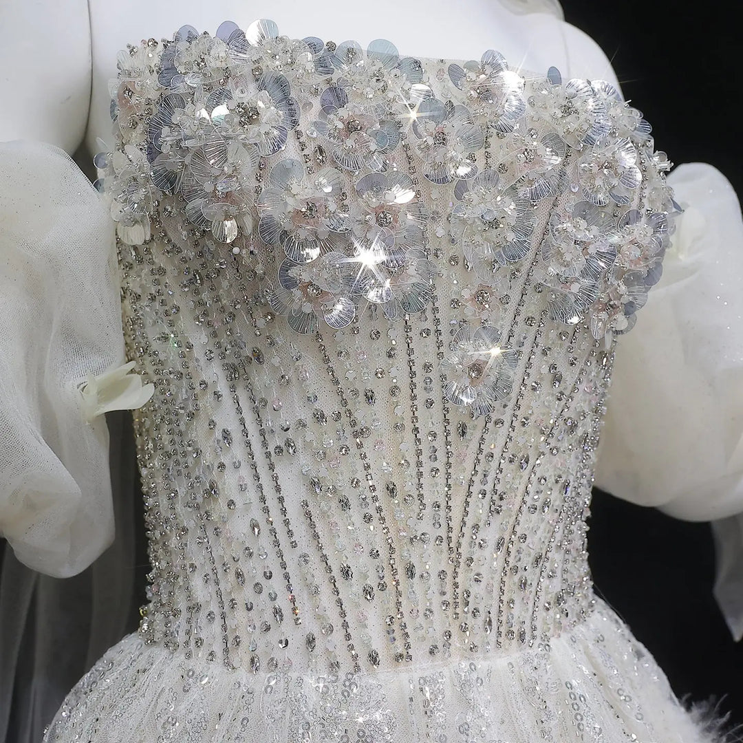 Elegant Beige Sequin Ball Gown with 3D Petal Skirt Evening Dress SS741