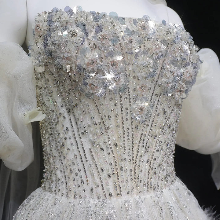 Elegant Beige Sequin Ball Gown with 3D Petal Skirt Evening Dress SS741