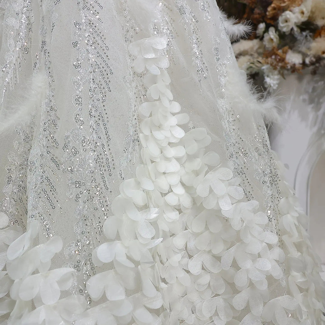 Elegant Beige Sequin Ball Gown with 3D Petal Skirt Evening Dress SS741