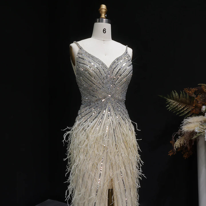 Elegant Blue Mermaid Evening Dress with Beading and Feather Train SS004