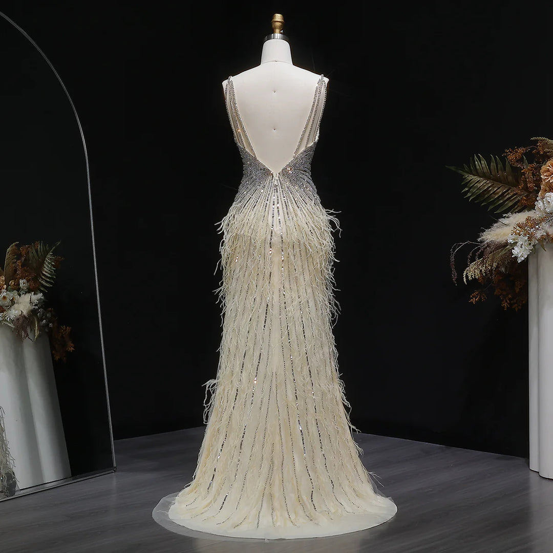 Elegant Blue Mermaid Evening Dress with Beading and Feather Train SS004