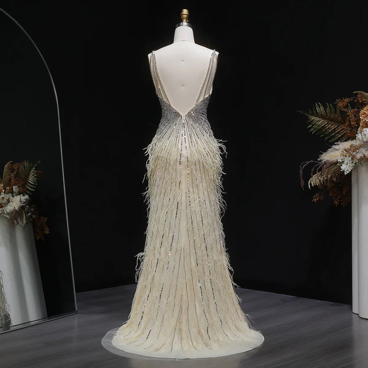 Elegant Blue Mermaid Evening Dress with Beading and Feather Train SS004