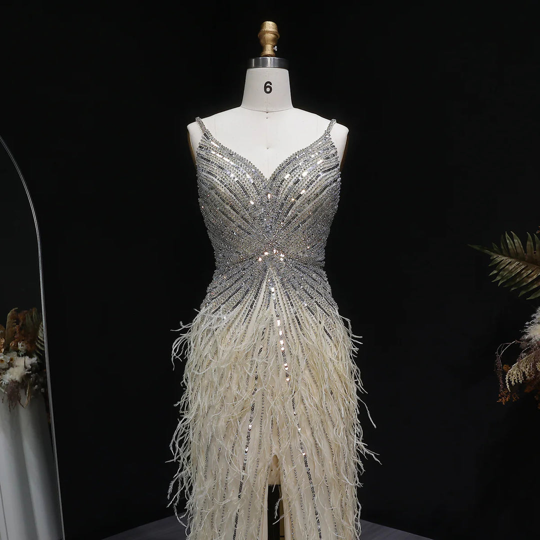 Elegant Blue Mermaid Evening Dress with Beading and Feather Train SS004