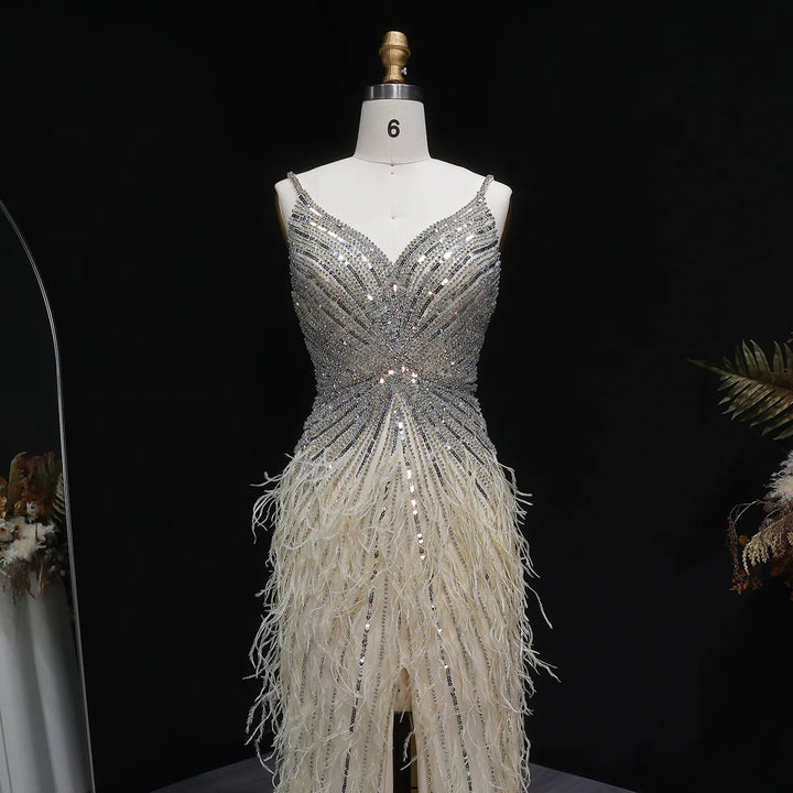 Elegant Blue Mermaid Evening Dress with Beading and Feather Train SS004