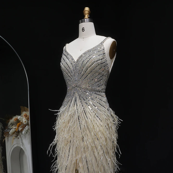 Elegant Blue Mermaid Evening Dress with Beading and Feather Train SS004