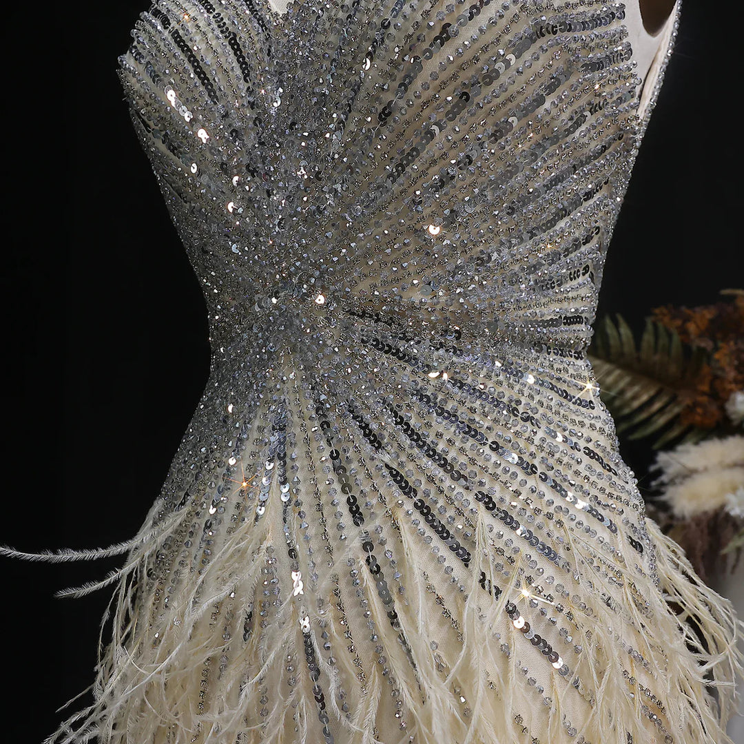 Elegant Blue Mermaid Evening Dress with Beading and Feather Train SS004