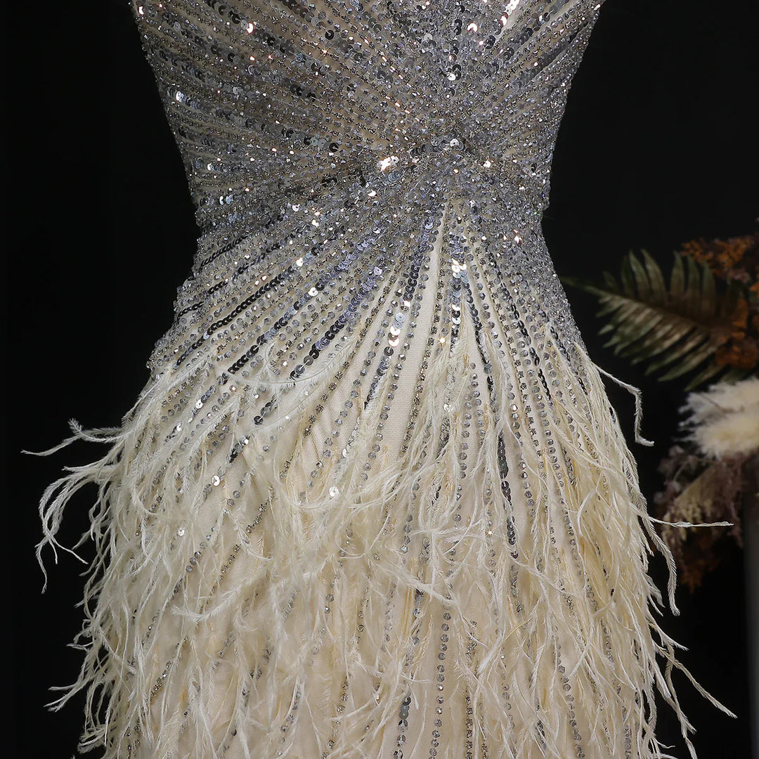 Elegant Blue Mermaid Evening Dress with Beading and Feather Train SS004