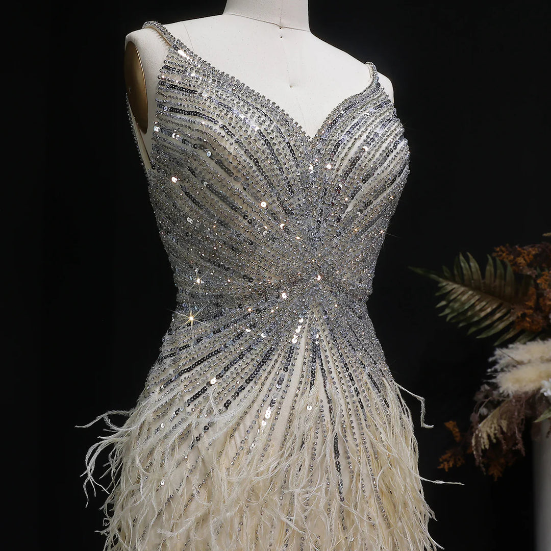 Elegant Blue Mermaid Evening Dress with Beading and Feather Train SS004