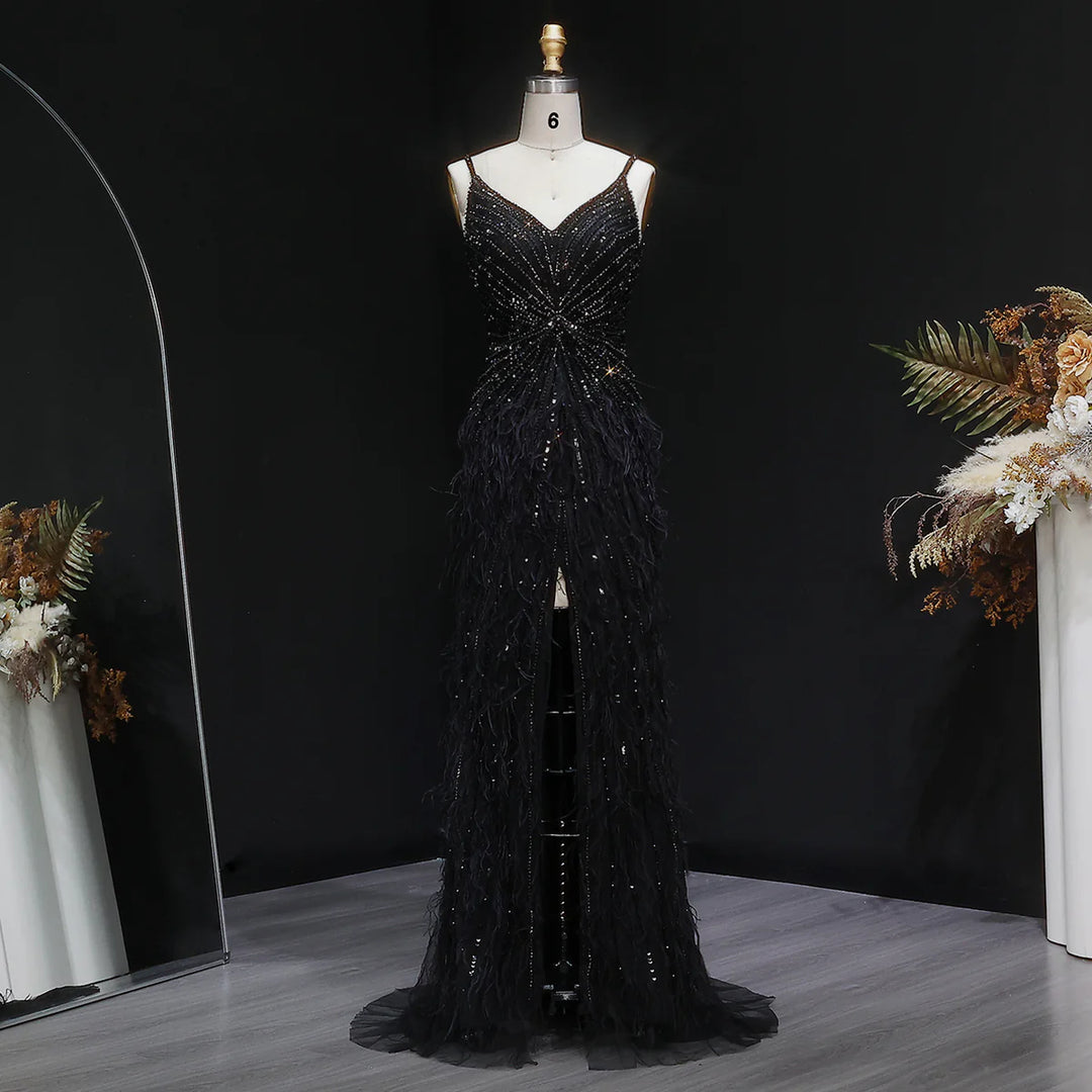 Elegant Blue Mermaid Evening Dress with Beading and Feather Train SS004