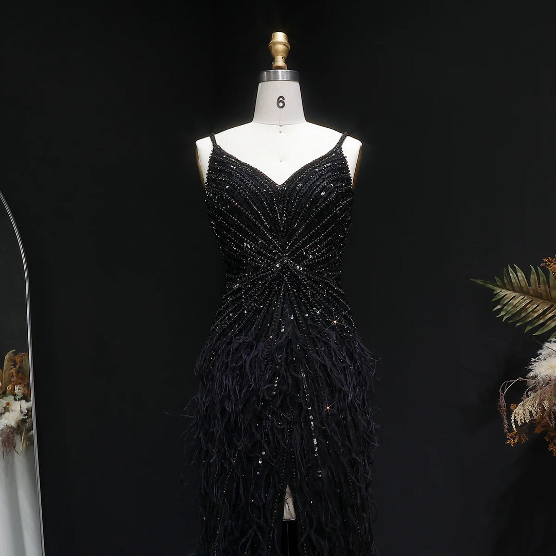 Elegant Blue Mermaid Evening Dress with Beading and Feather Train SS004