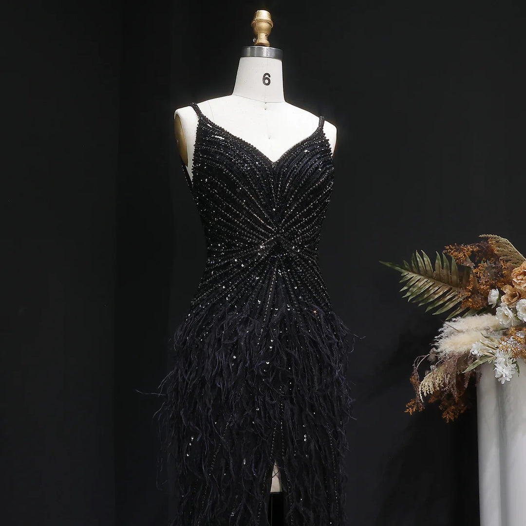 Elegant Blue Mermaid Evening Dress with Beading and Feather Train SS004