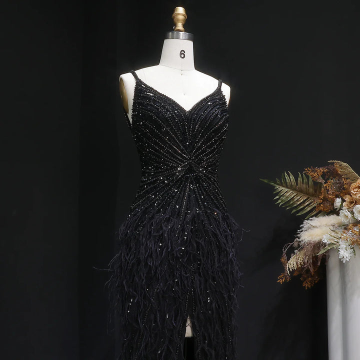 Elegant Blue Mermaid Evening Dress with Beading and Feather Train SS004