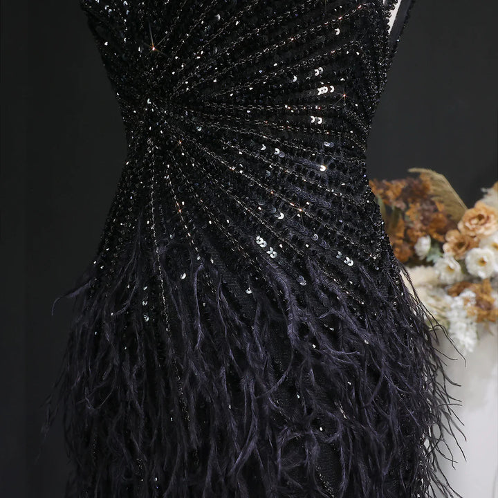 Elegant Blue Mermaid Evening Dress with Beading and Feather Train SS004