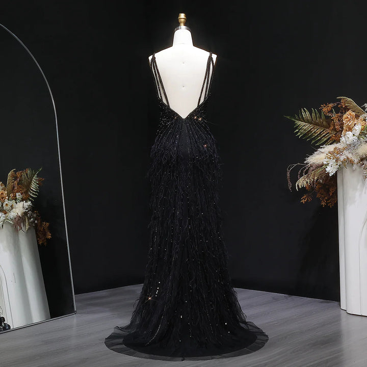 Elegant Blue Mermaid Evening Dress with Beading and Feather Train SS004