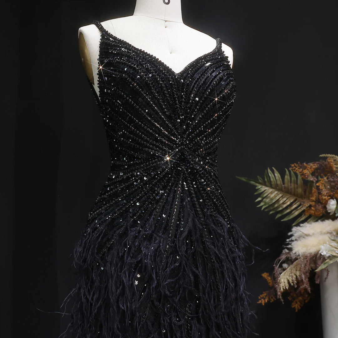 Elegant Blue Mermaid Evening Dress with Beading and Feather Train SS004