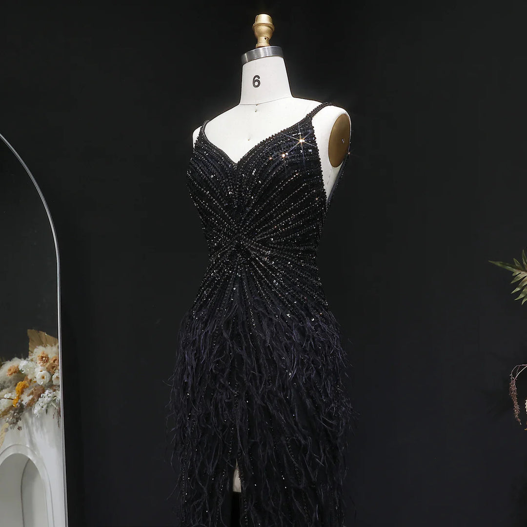 Elegant Blue Mermaid Evening Dress with Beading and Feather Train SS004