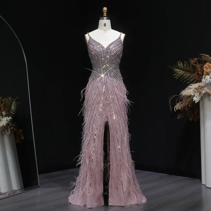 Elegant Blue Mermaid Evening Dress with Beading and Feather Train SS004