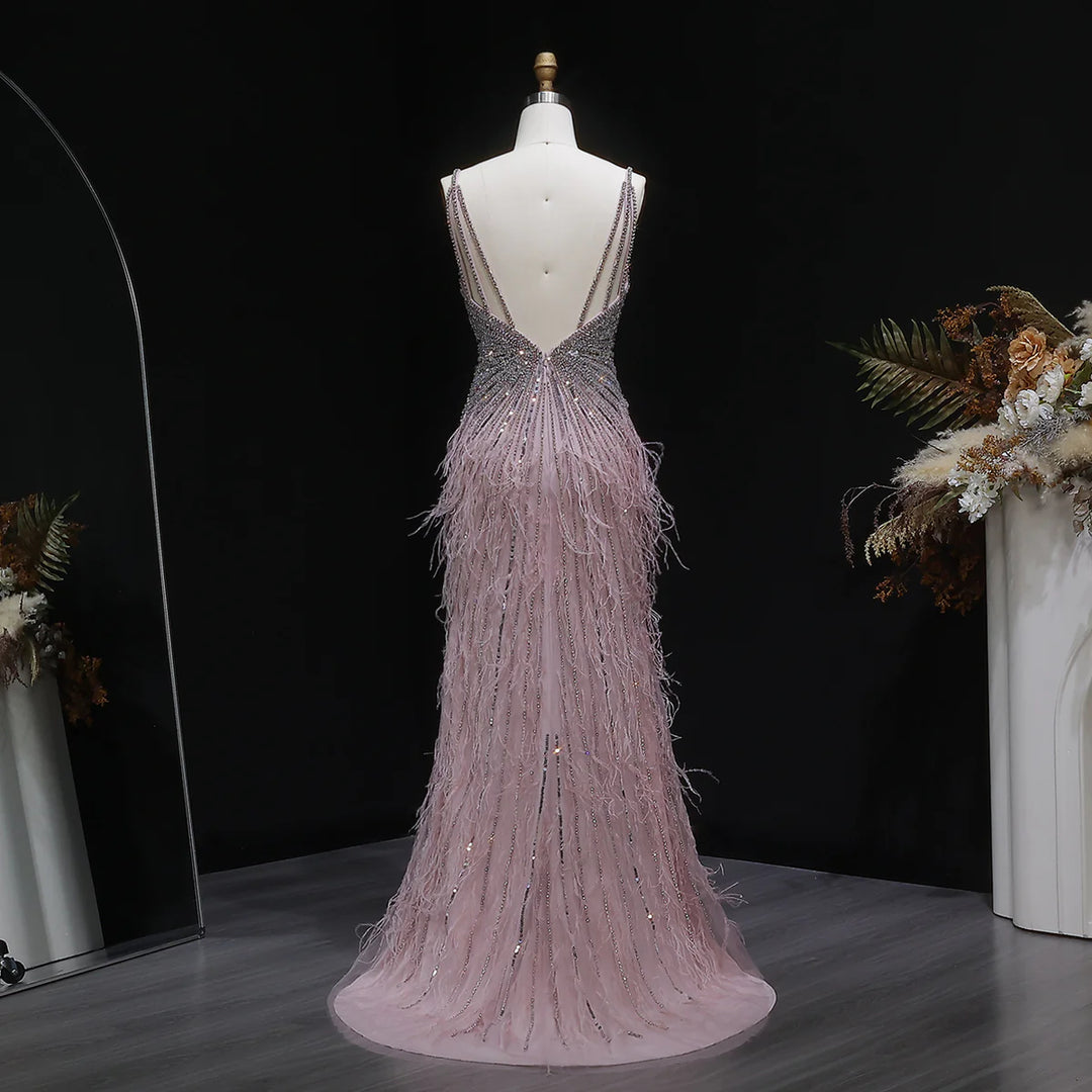 Elegant Blue Mermaid Evening Dress with Beading and Feather Train SS004