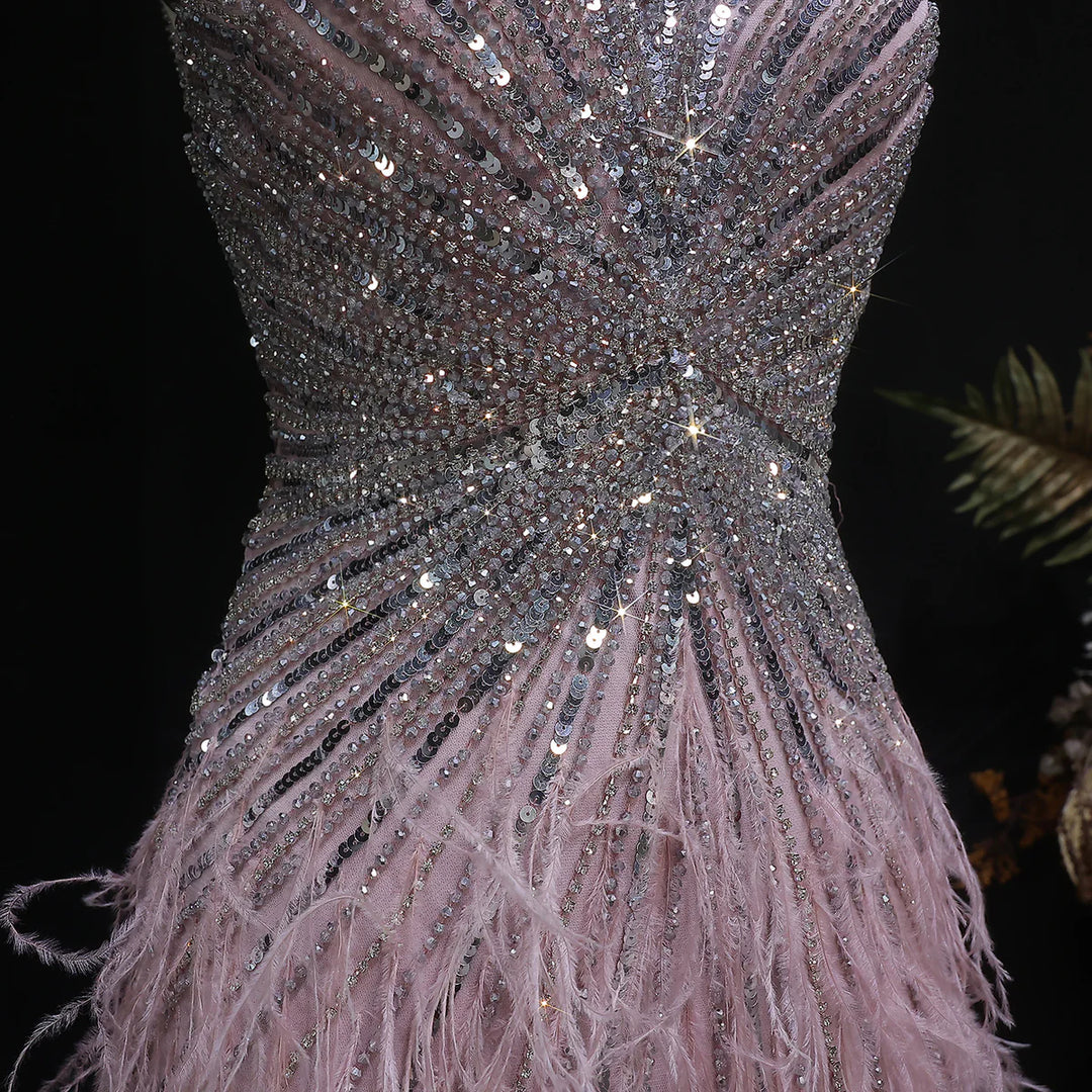 Elegant Blue Mermaid Evening Dress with Beading and Feather Train SS004