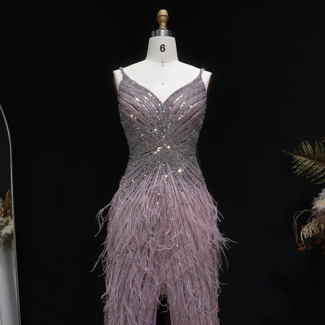 Elegant Blue Mermaid Evening Dress with Beading and Feather Train SS004