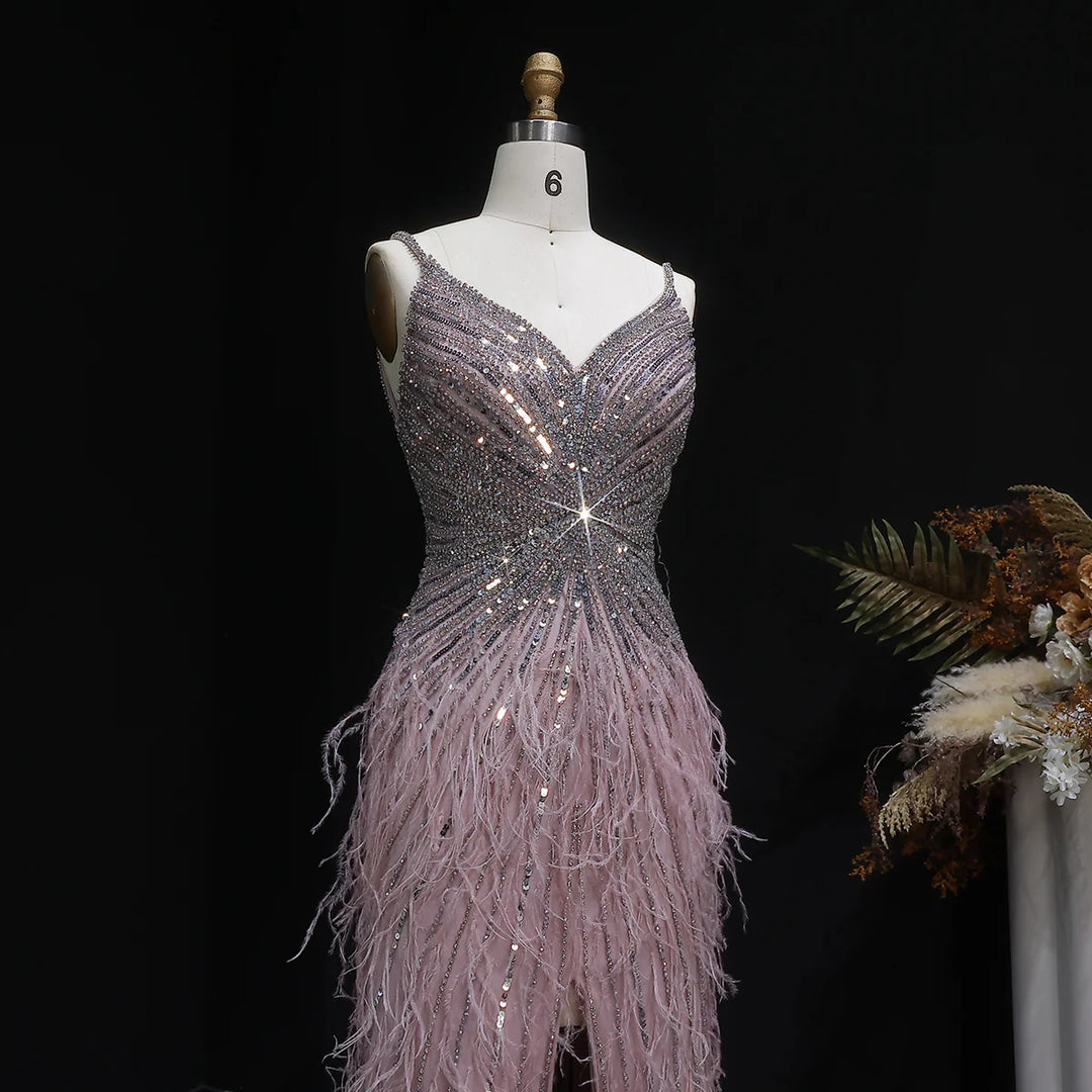 Elegant Blue Mermaid Evening Dress with Beading and Feather Train SS004