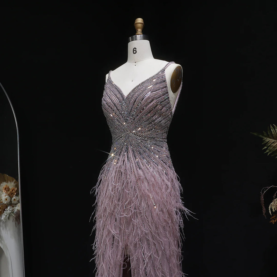 Elegant Blue Mermaid Evening Dress with Beading and Feather Train SS004