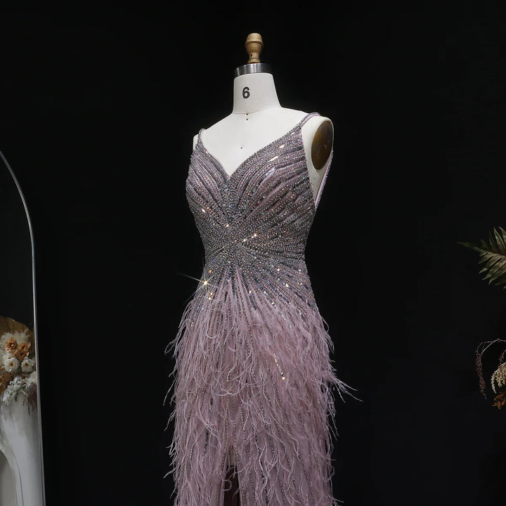 Elegant Blue Mermaid Evening Dress with Beading and Feather Train SS004