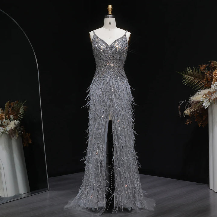 Elegant Blue Mermaid Evening Dress with Beading and Feather Train SS004