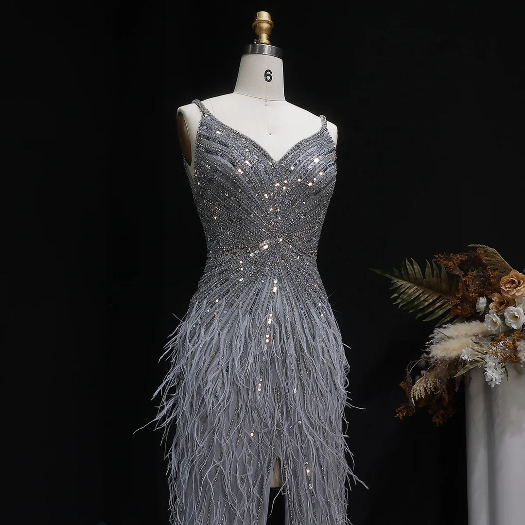 Elegant Blue Mermaid Evening Dress with Beading and Feather Train SS004