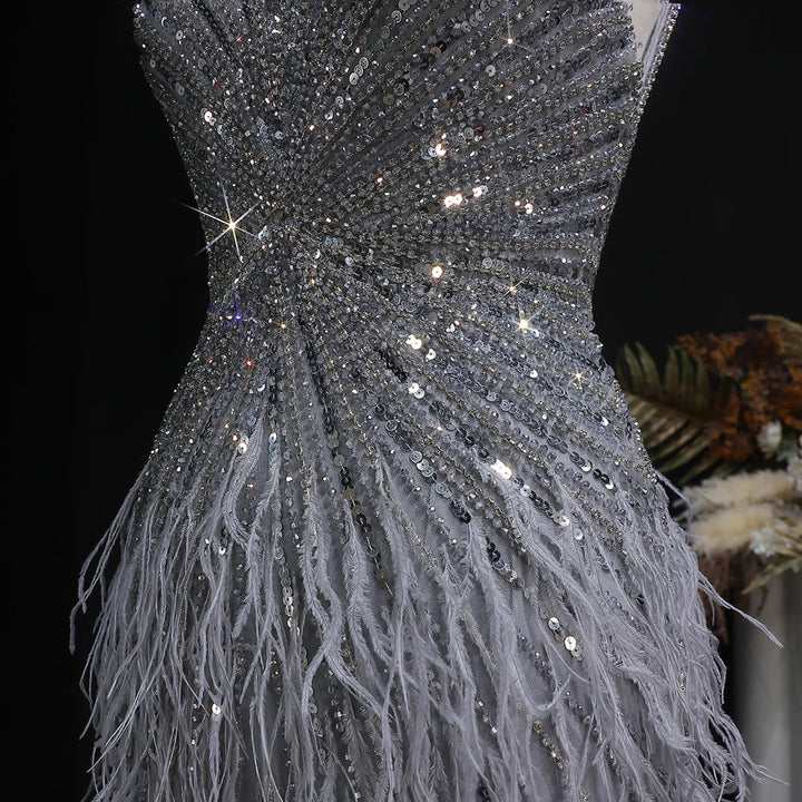 Elegant Blue Mermaid Evening Dress with Beading and Feather Train SS004