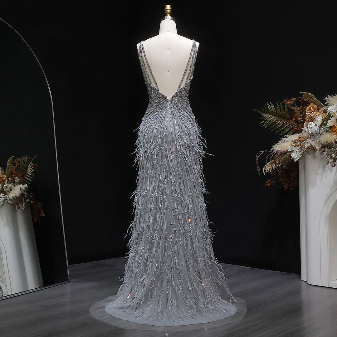 Elegant Blue Mermaid Evening Dress with Beading and Feather Train SS004