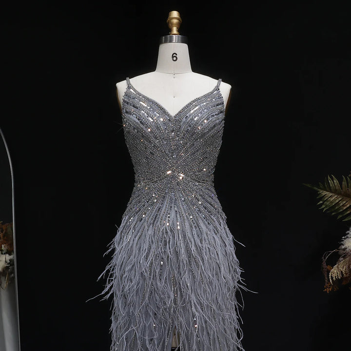 Elegant Blue Mermaid Evening Dress with Beading and Feather Train SS004