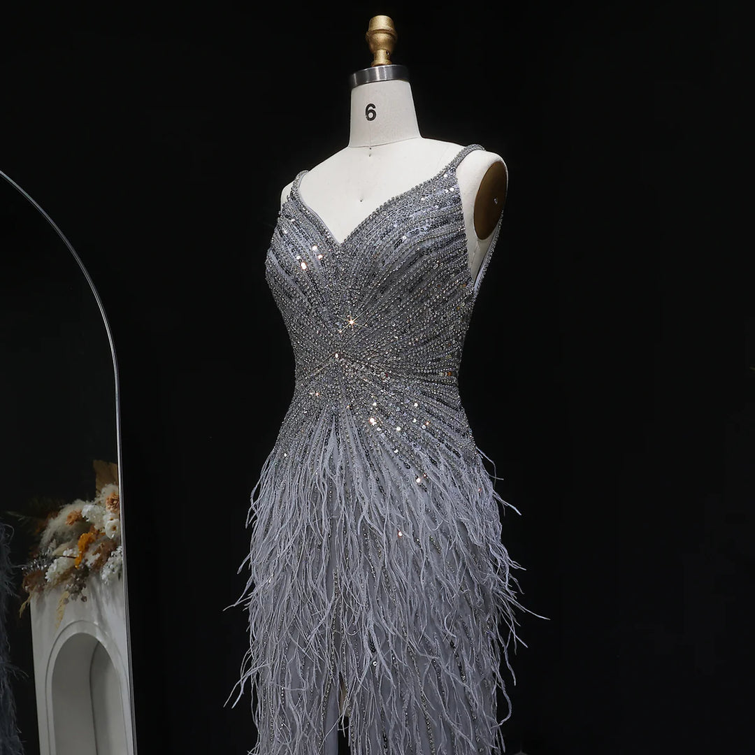 Elegant Blue Mermaid Evening Dress with Beading and Feather Train SS004