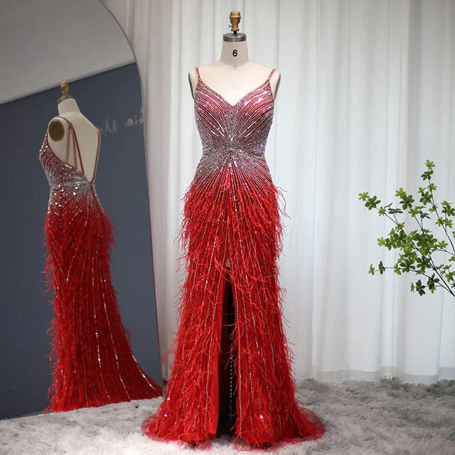 Elegant Blue Mermaid Evening Dress with Beading and Feather Train SS004